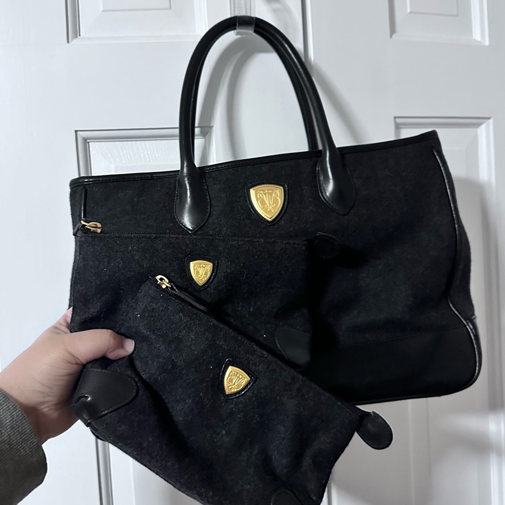 Vintage Blaine Trump Gray Wool and Leather Satchel + 2 Cosmetic Matching Bags